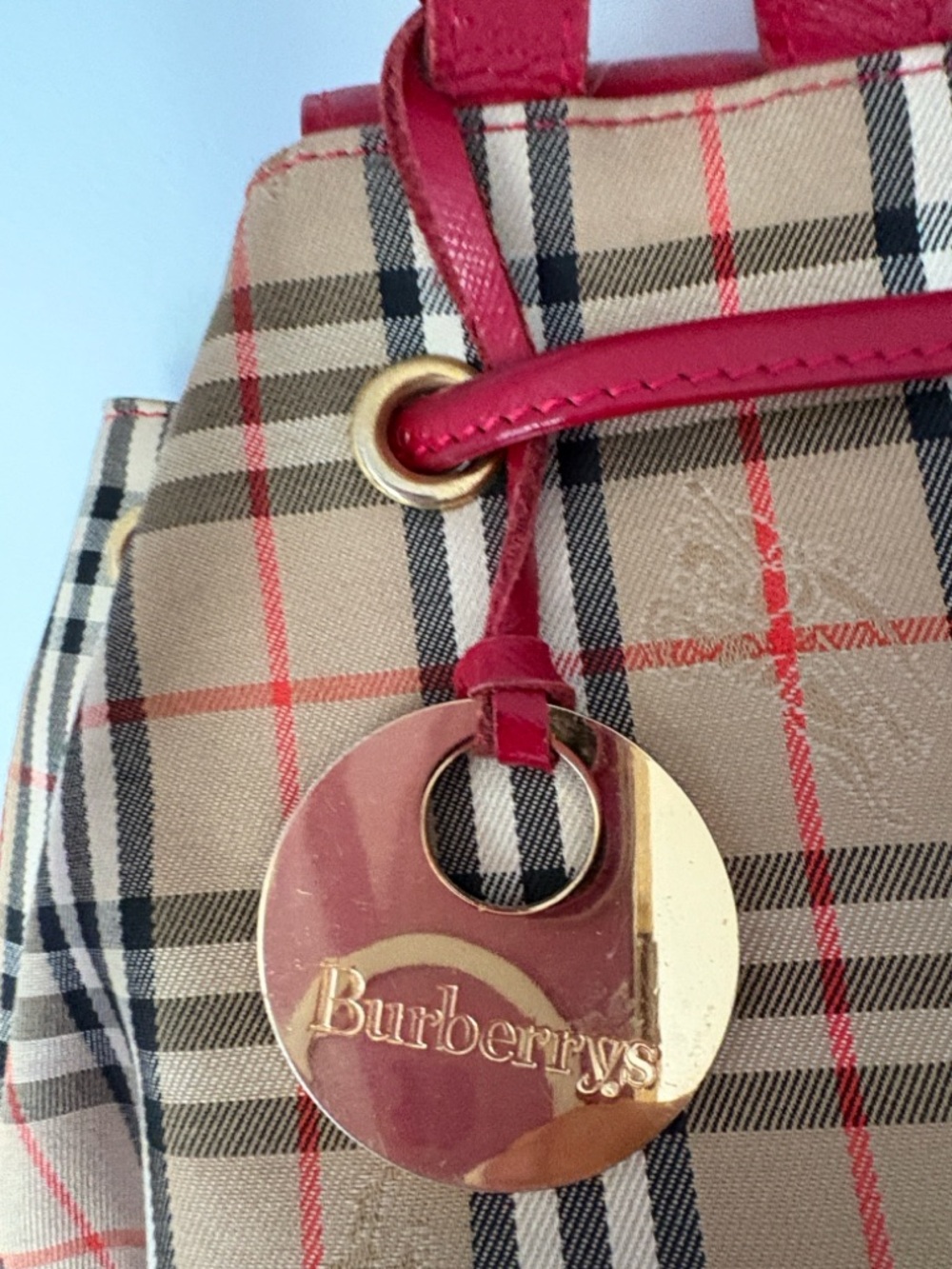 Burberry Red Nova Check Leather-Trim Vintage Check Backpack. - Picture 7 of 10